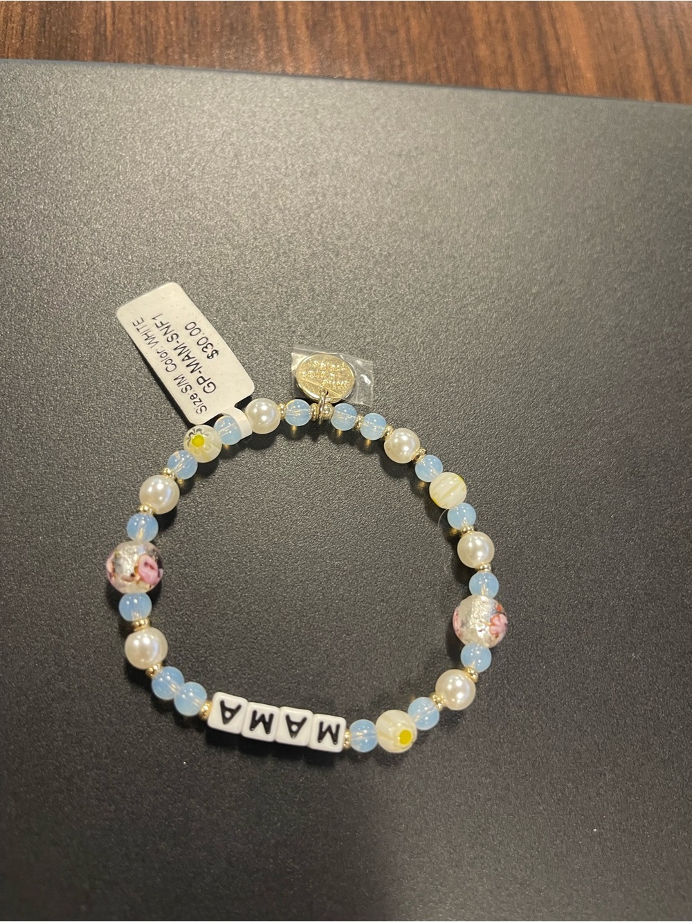 MAMA Beaded Stretch Bracelet in Light Blue, White and Gold